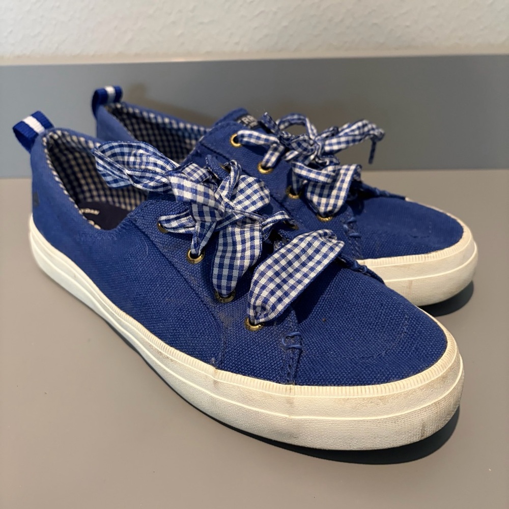 Sperry Top-Sider Memory Foam Blue Gingham Checkered Laces Slip On Shoes Size 8